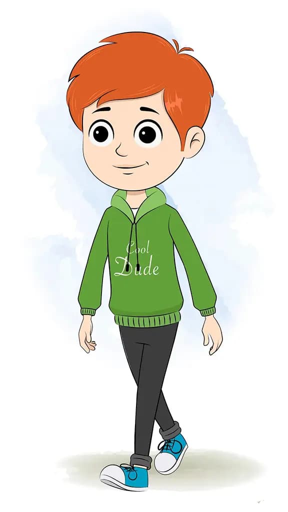A smart boy 3/4 front view/three quarter view walking animated cartoon character aka adit 3/4