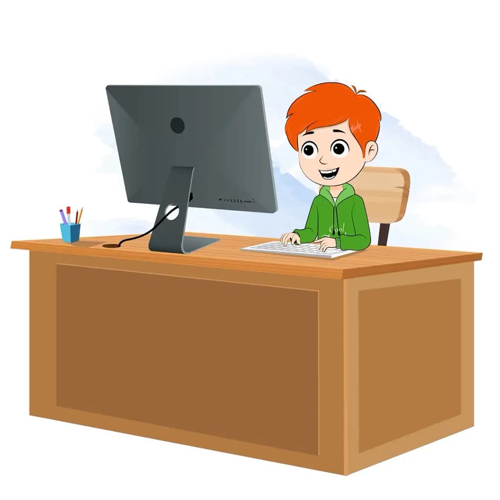 A smart boy animated cartoon character working on a computer aka adit