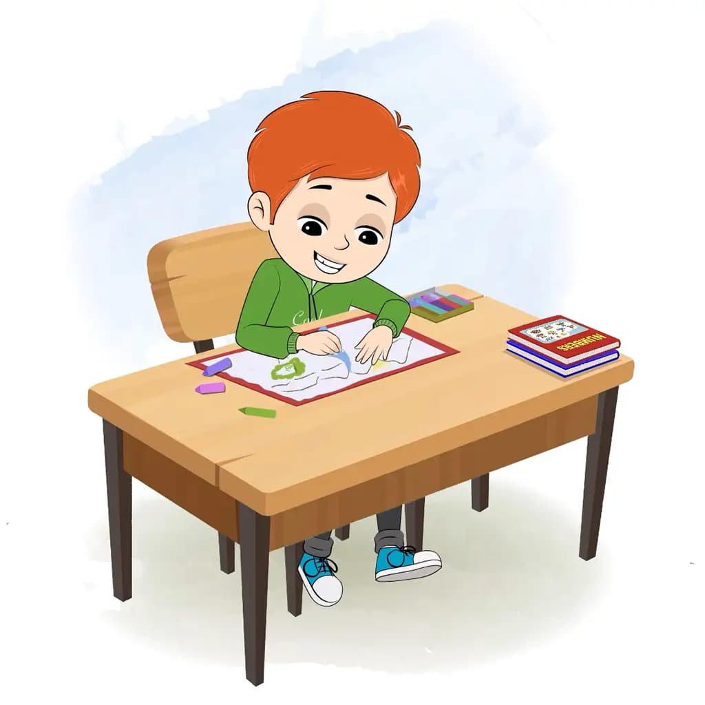 A smart boy is sitting at a table with some crayons and colouring on the paper aka adit