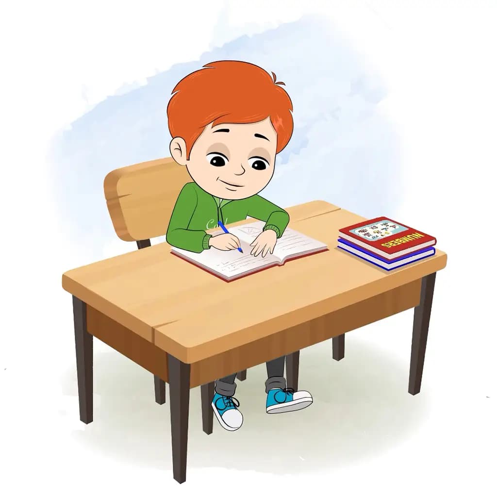 A smart boy doing homework and sitting on the table animated cartoon character aka adit
