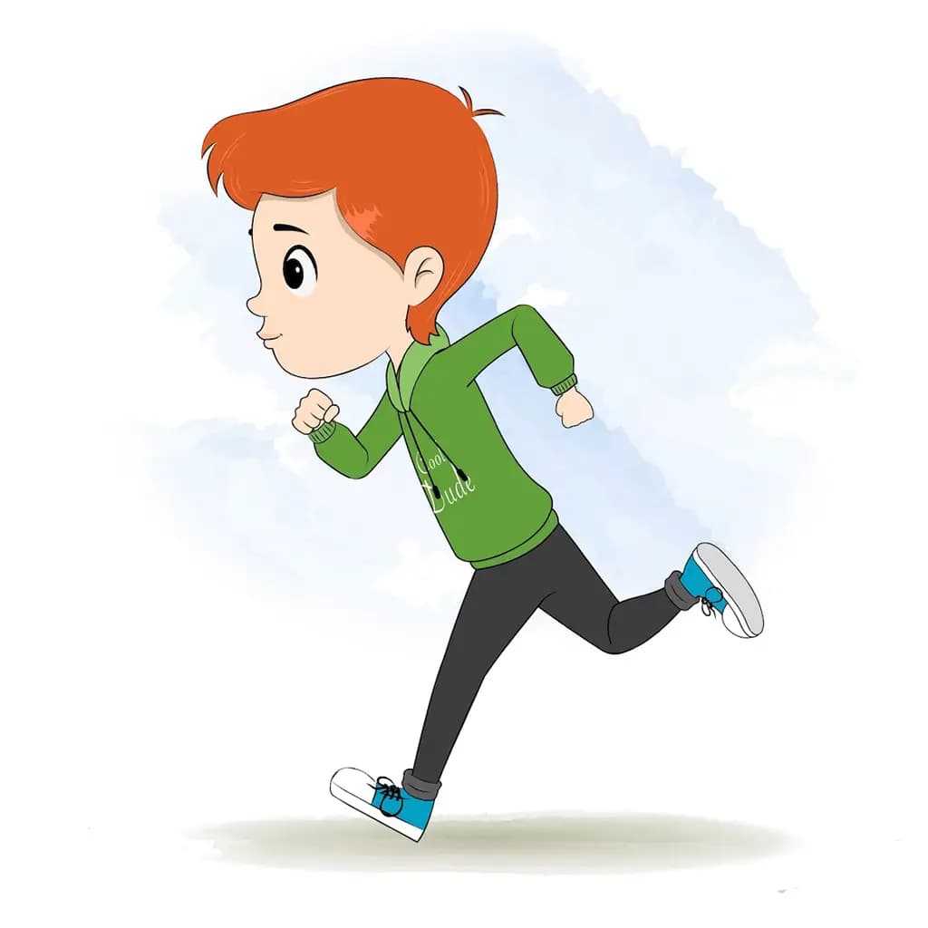 A smart boy running fast side view animated cartoon character aka adit