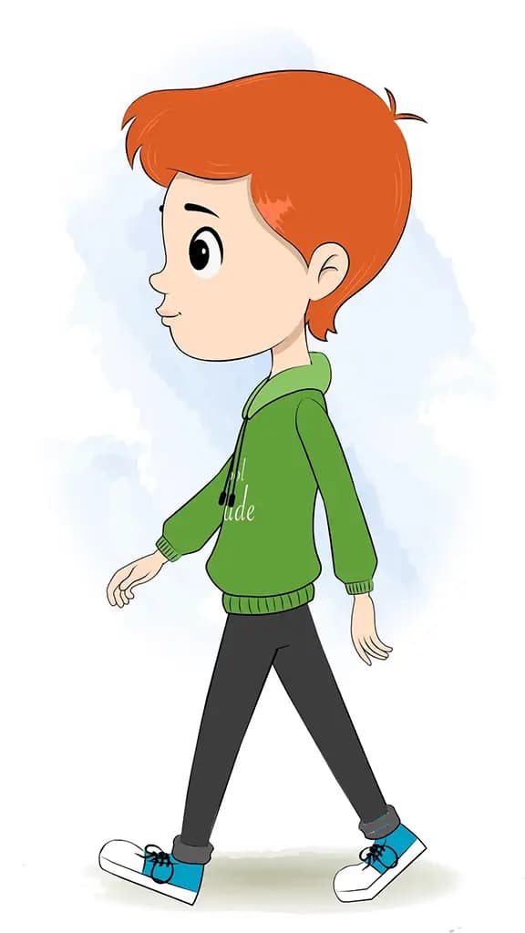 A smart boy walking side view animated cartoon character aka adit