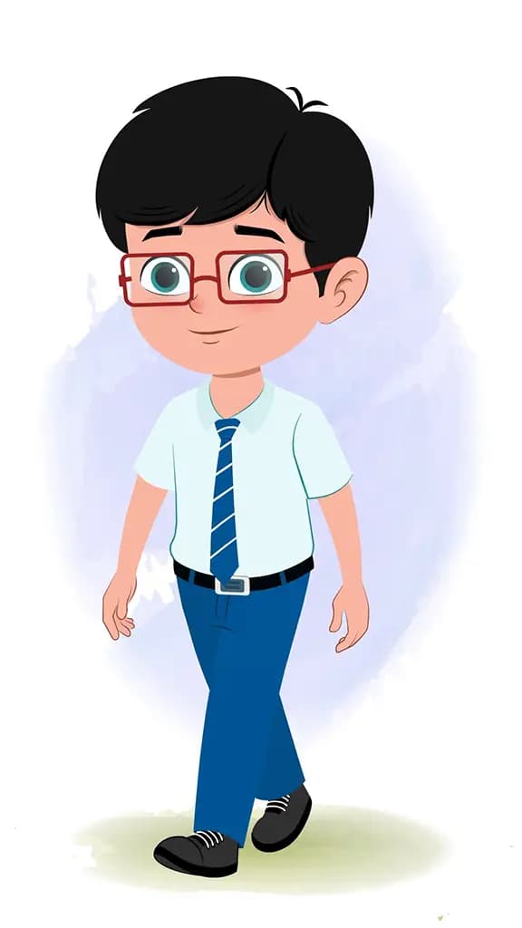 A school boy 3/4 front view/three quarter view walking animated cartoon character aka daksh 3/4