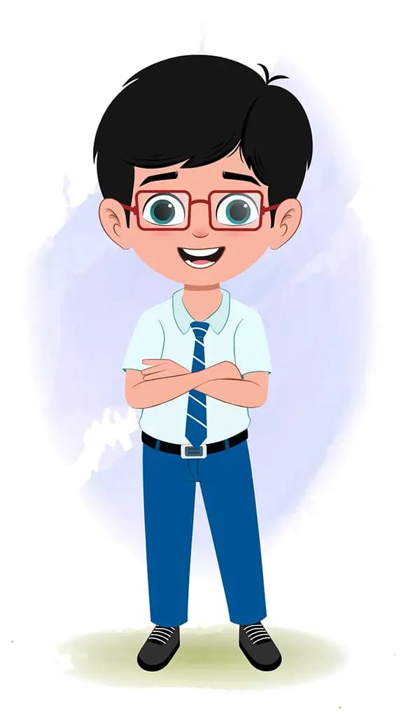 A school boy standing with cross hand and talking animated cartoon character aka daksh