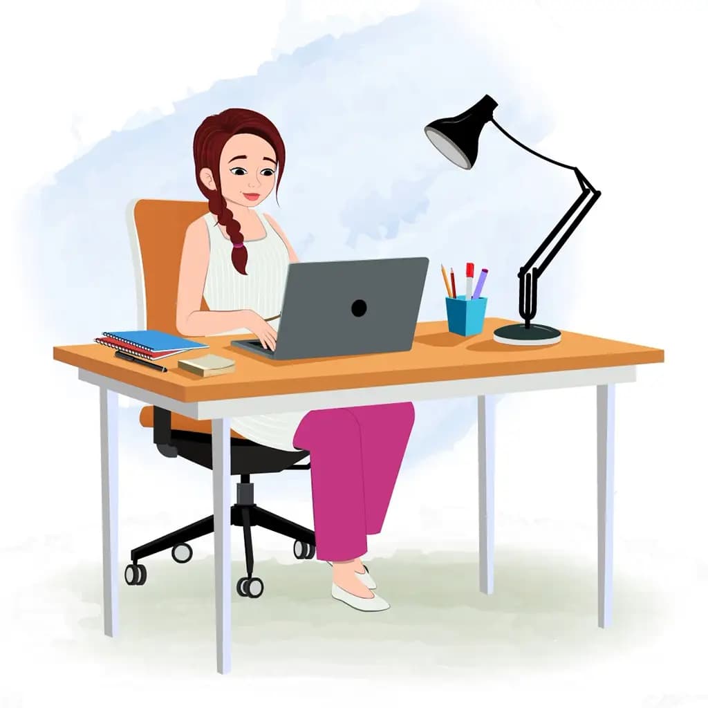 A female teacher animated cartoon character working on a laptop aka ritu