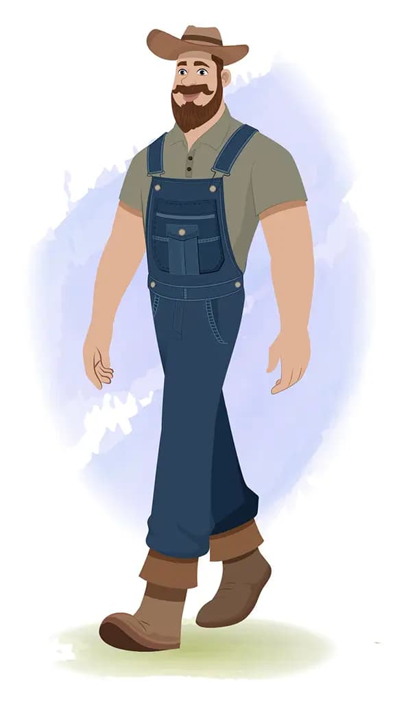 An American farmer 3/4 front view/three quarter view walking animated cartoon character aka mr.Joe