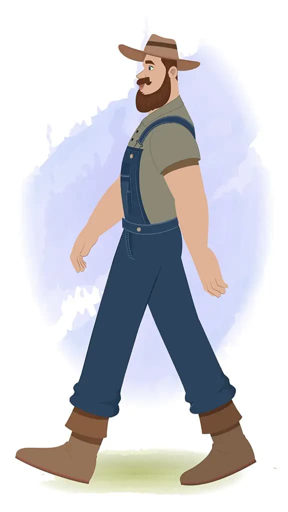 An American farmer walking side view animated cartoon character aka mr.Joe