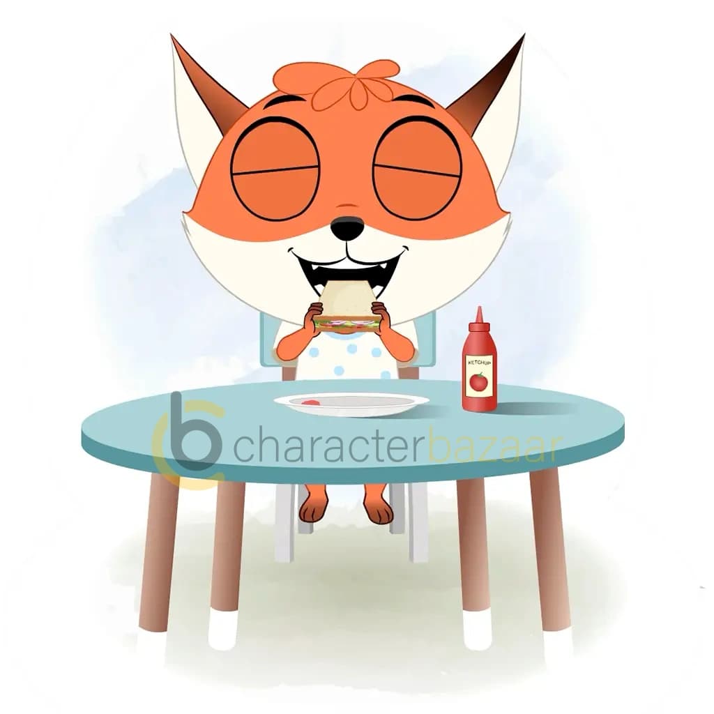 A fox animated cartoon character sitting at a table and eating a sandwich aka nikki the fox