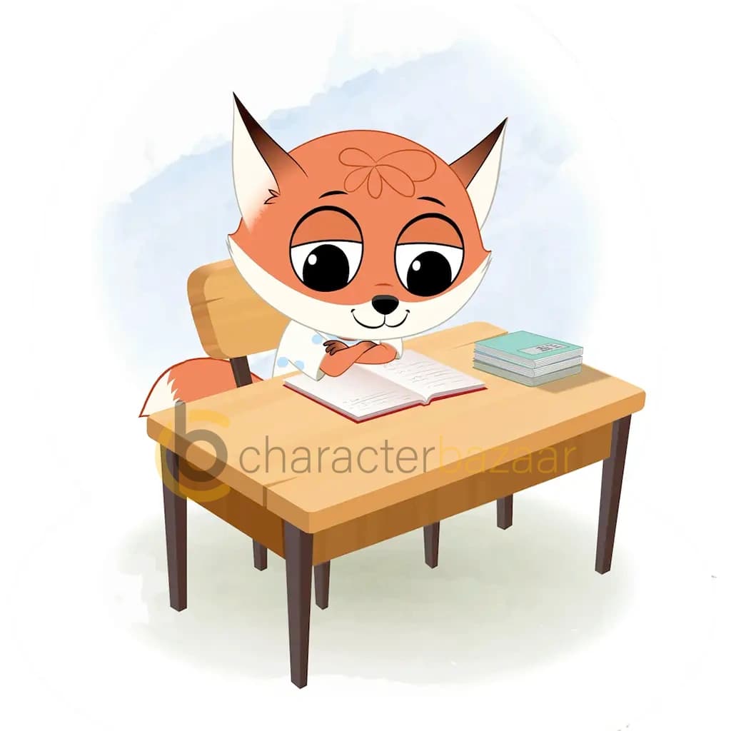 A fox reading a book and sitting on the table animated cartoon character aka nikki the fox
