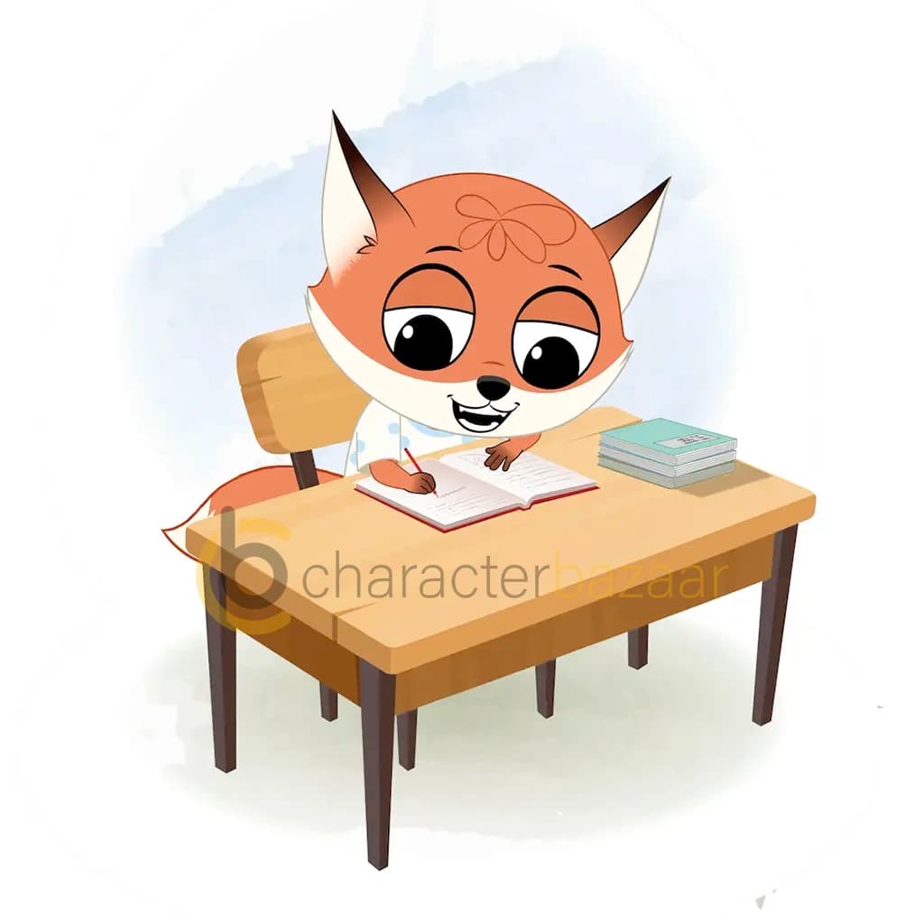 A fox doing homework and sitting on the table animated cartoon character aka nikki the fox