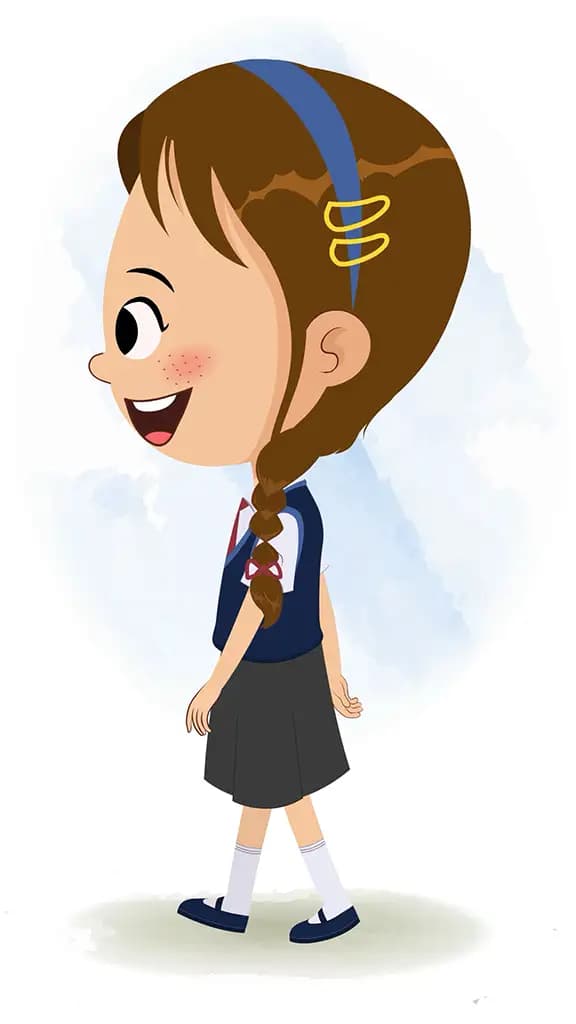 A little brown hair girl walking side view animated cartoon character aka nancy