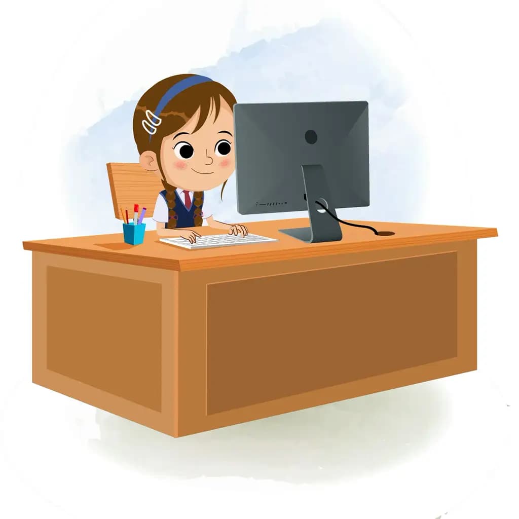 A little brown hair girl animated cartoon character working on a computer aka nancy