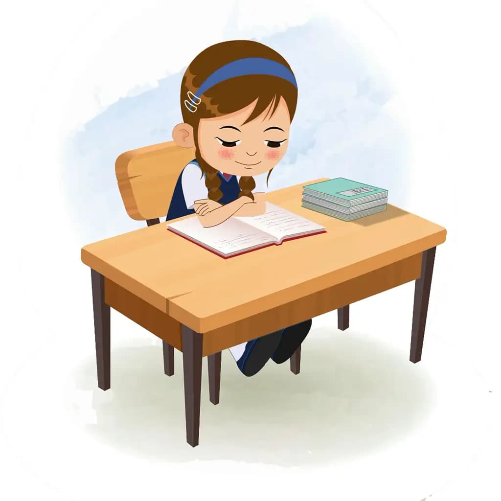 A little brown hair girl reading a book and sitting on the table animated cartoon character aka nancy
