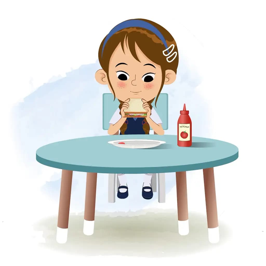 A little brown hair girl animated cartoon character sitting at a table and eating a sandwich aka nancy