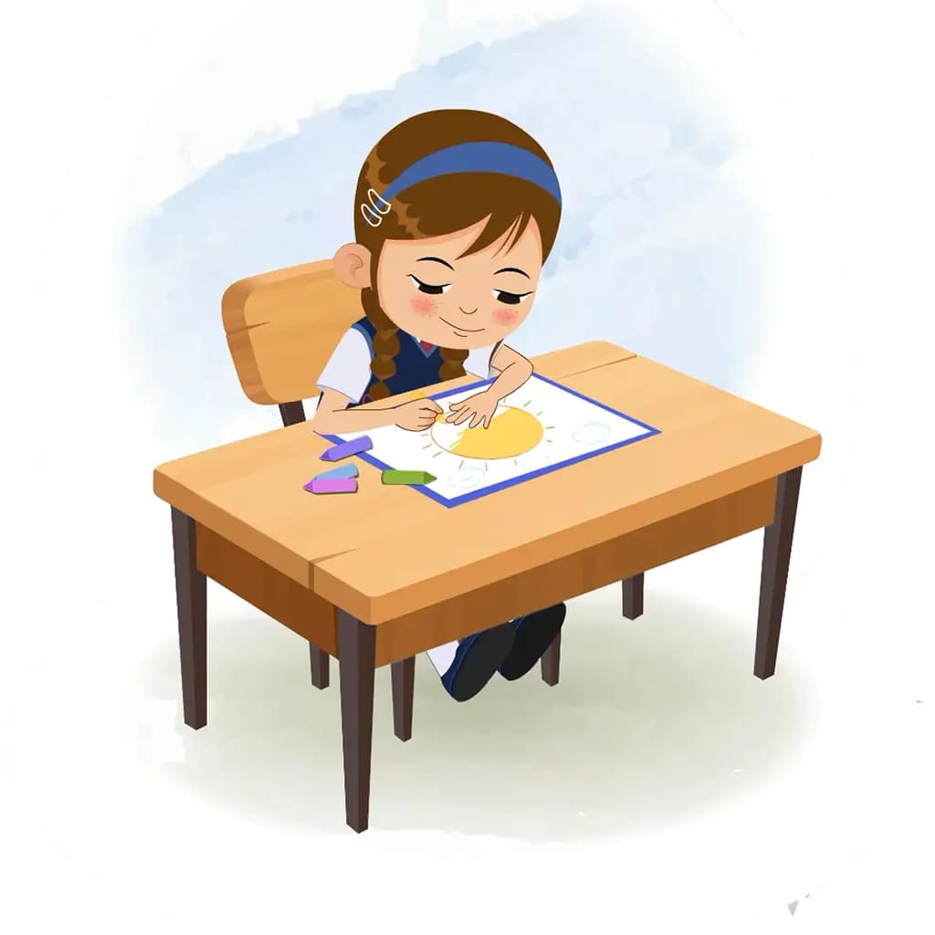 A little brown hair girl is sitting at a table with some crayons and coloring on the paper aka nancy