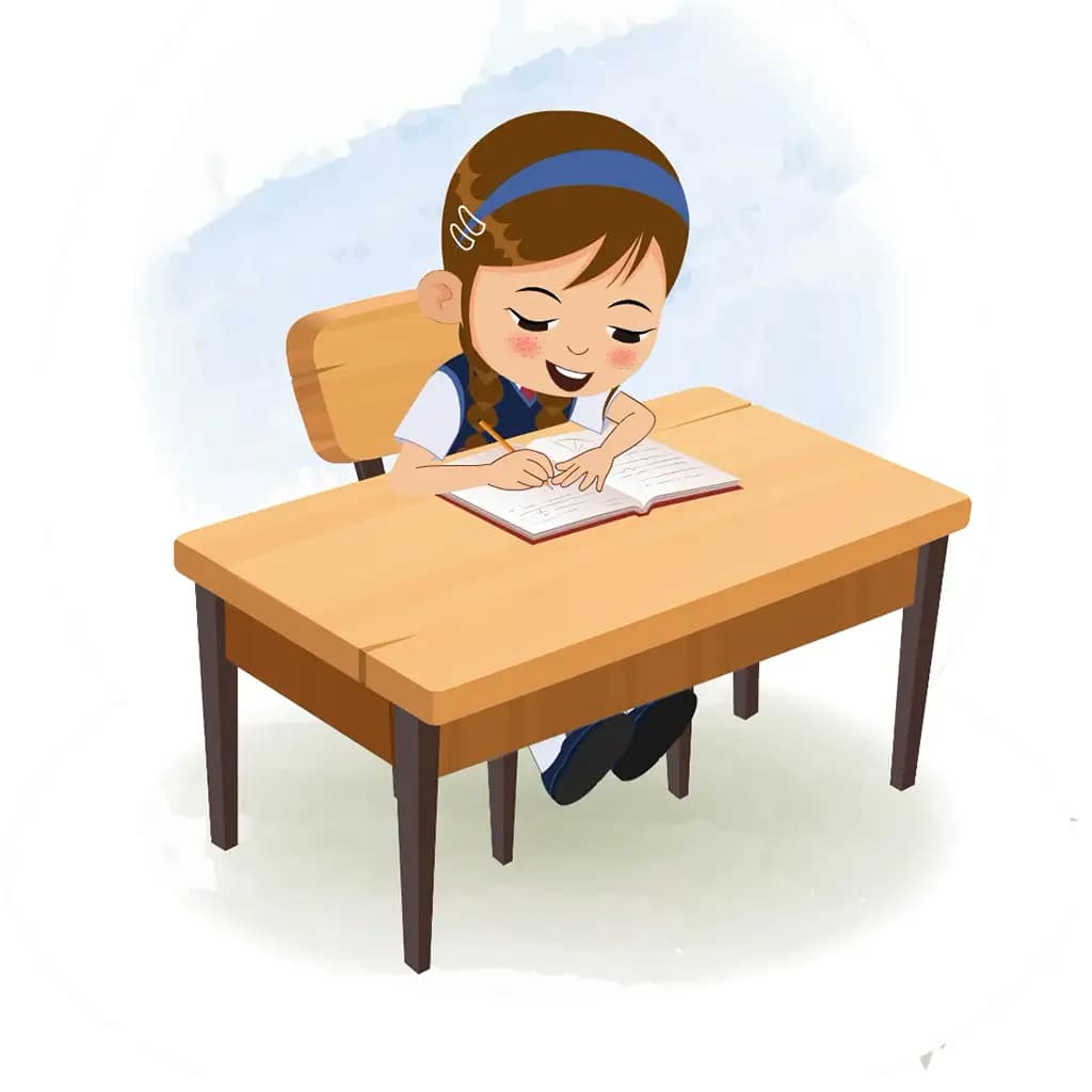 A little brown hair girl doing homework and sitting on the table animated cartoon character aka nancy