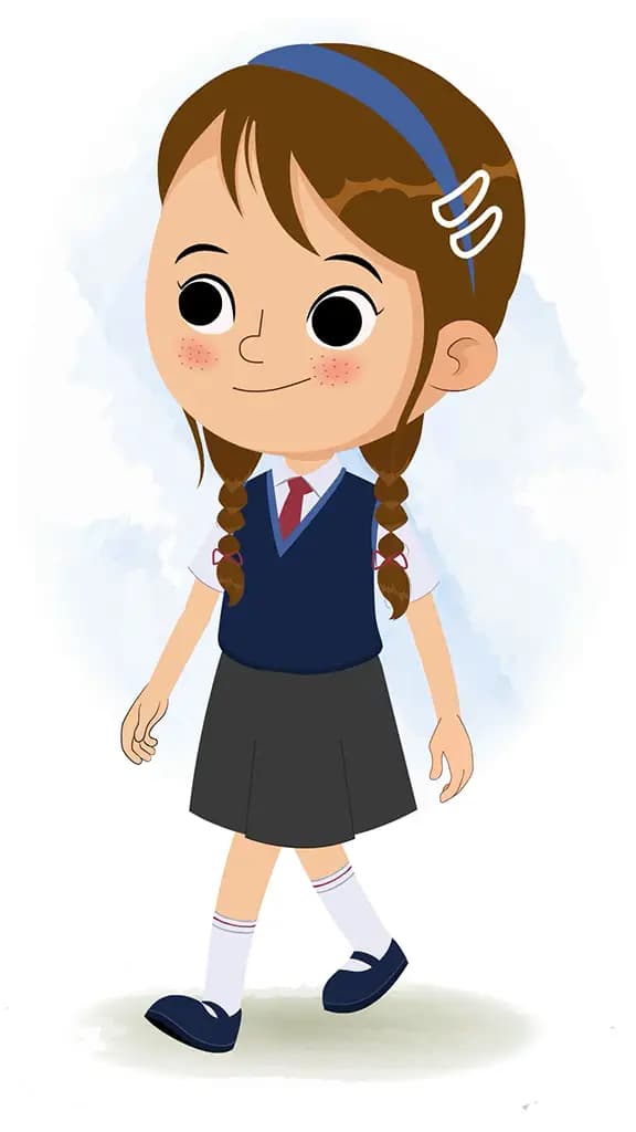 A little brown hair girl 3/4 front view/three quarter view walking animated cartoon character aka nancy