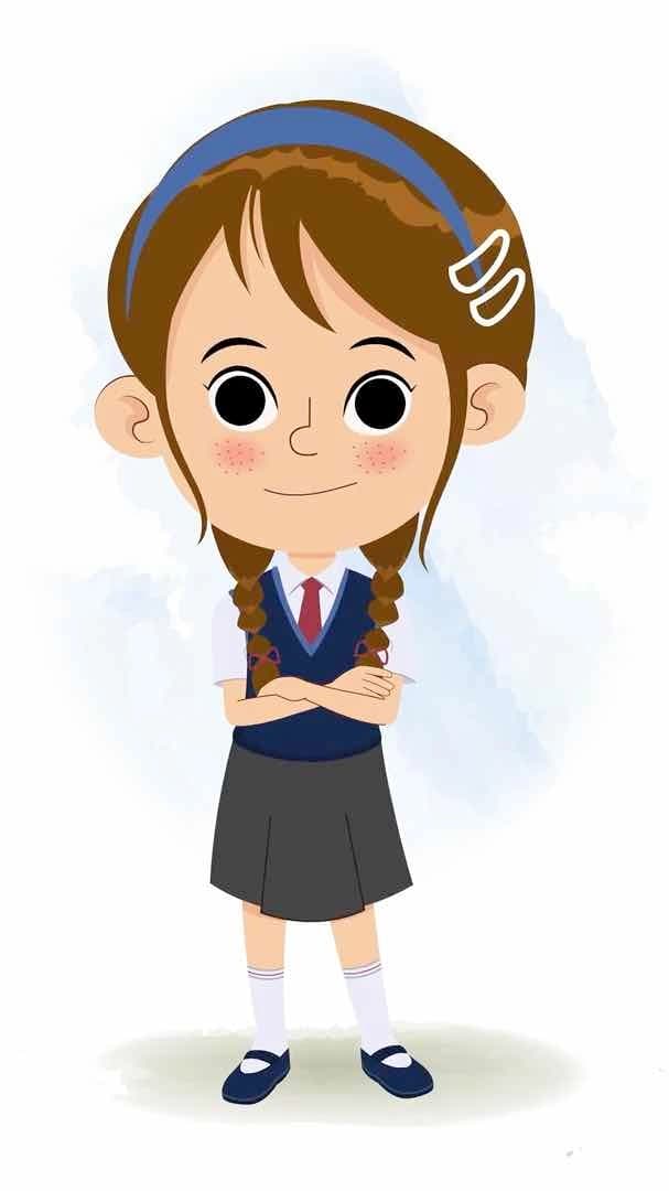 A little school girl standing with cross hand and talking animated cartoon character aka nancy