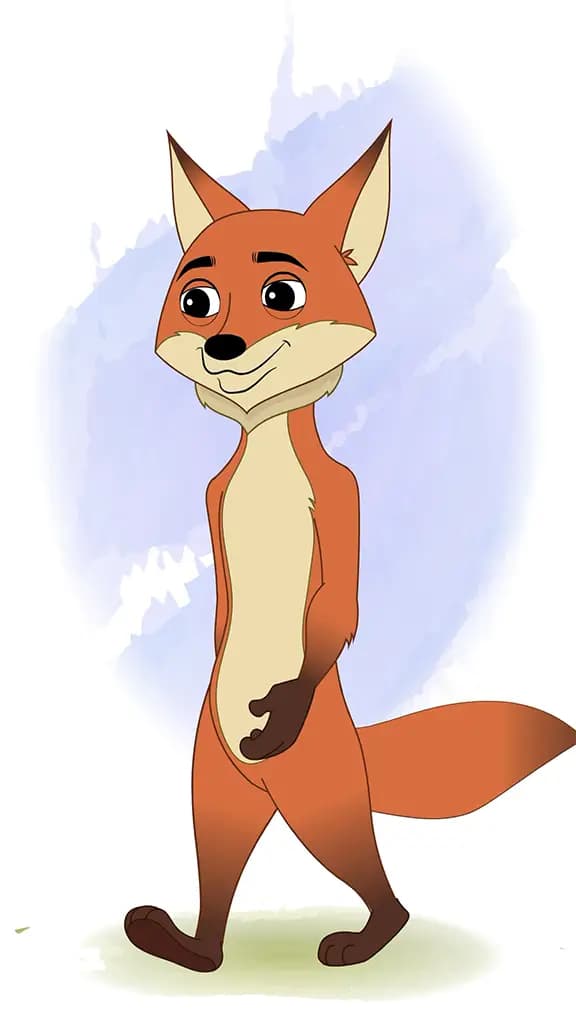 A little fox 3/4 front view/three quarter view walking animated cartoon character aka fuxo the fox
