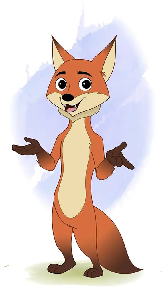 A little fox talking animated cartoon character aka fuxo the fox 3/4