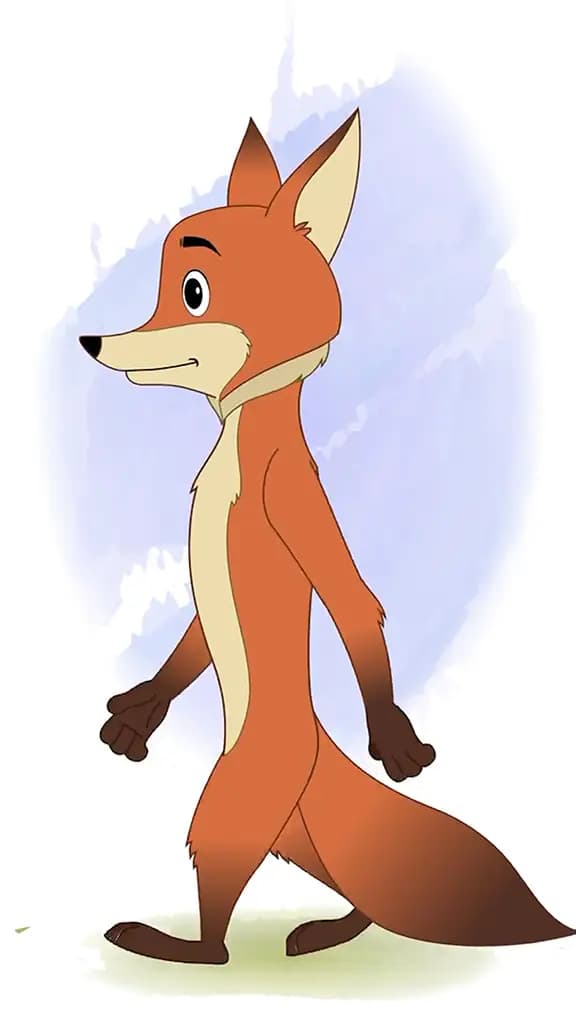 A little fox walking side view animated cartoon character aka fuxo the fox