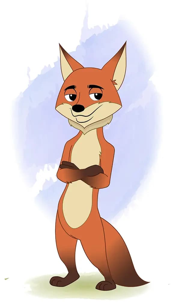 An annoyed little fox animated cartoon character aka fuxo the fox 3/4