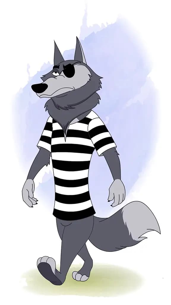 thief wolf animal front view three quarter view walking animated cartoon character