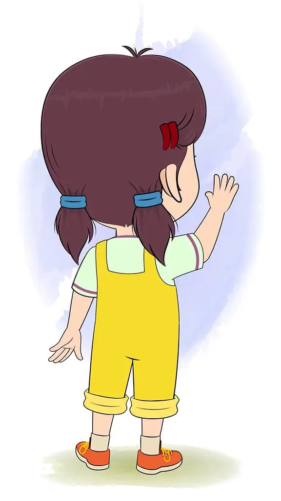 A girl saying hi in back third view animated cartoon character vector AKA Alice