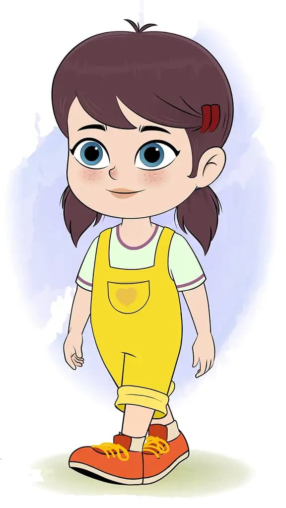 A cute girl 3/4 front view/three quarter view walking animated cartoon character aka alice 3/4