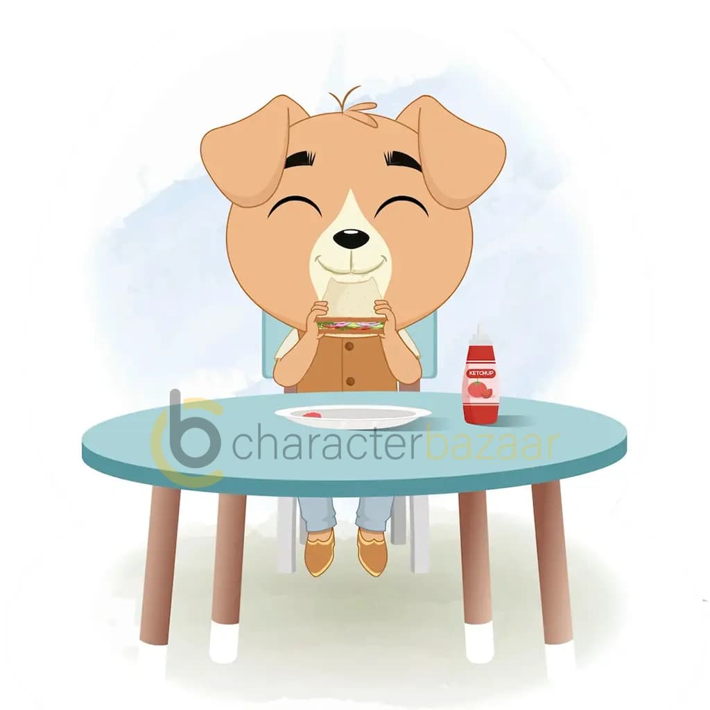 A cute little dog animated cartoon character sitting at a table and eating a sandwich aka tara the dog