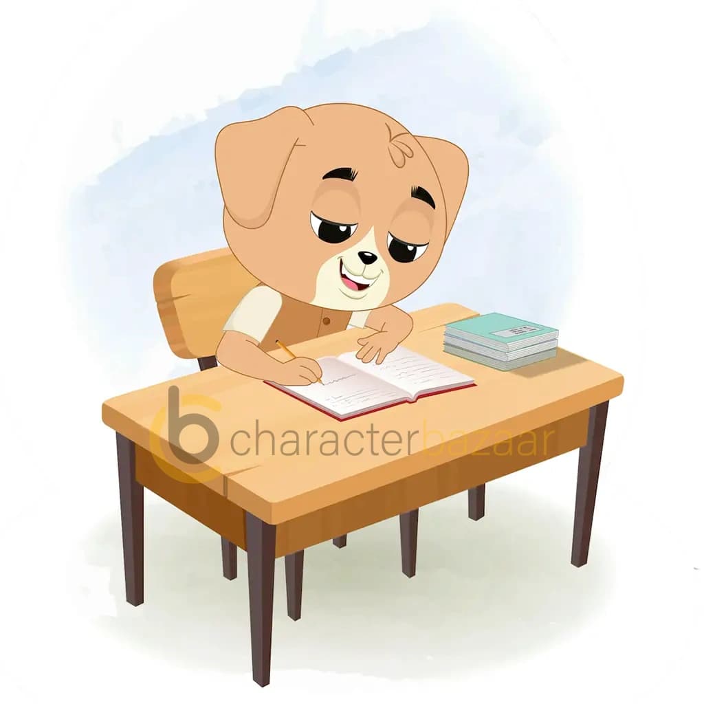 A cute little dog doing homework and sitting on the table animated cartoon character aka tara the dog