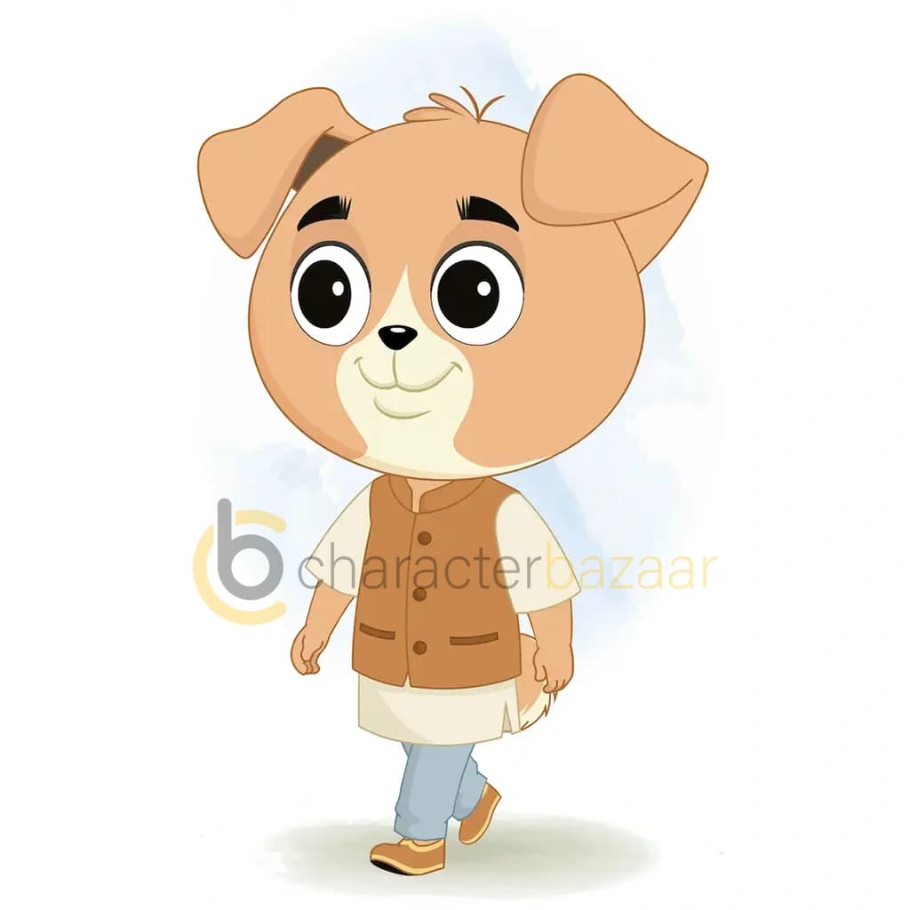 A cute little dog 3/4 front view/three quarter view walking animated cartoon character aka tara the dog 3/4