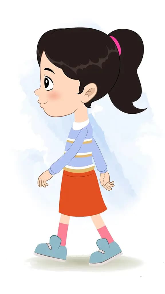 A little girl walking side view animated cartoon character