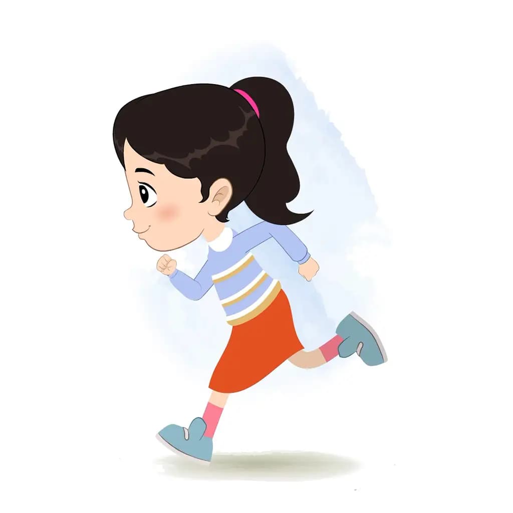 A little girl running fast side view animated cartoon character
