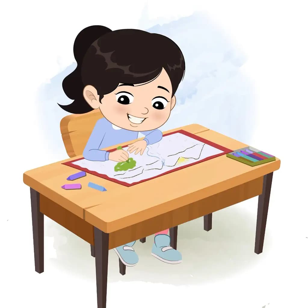 A little girl is sitting at a table with some crayons and coloring on the paper aka jiya
