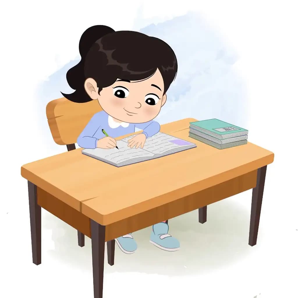 A little girl doing homework and sitting on the table animated cartoon character aka jiya