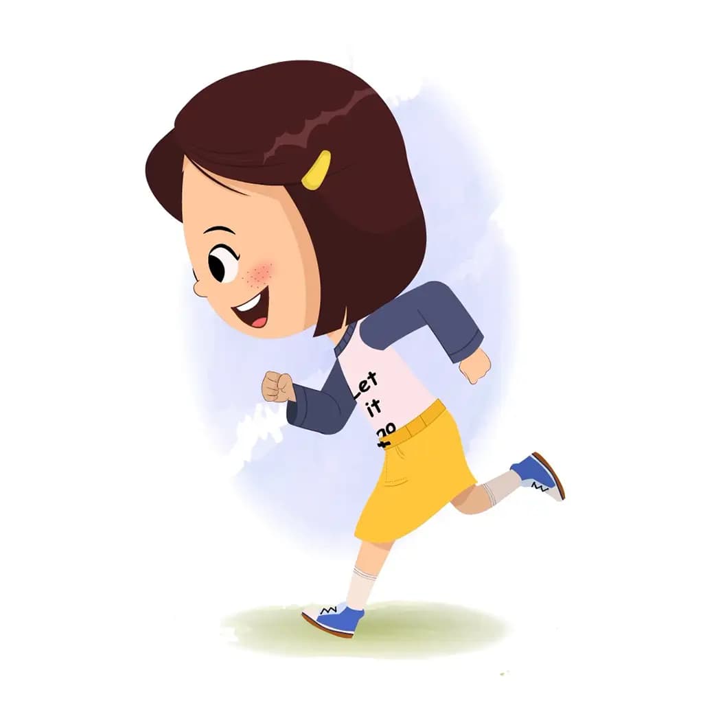 A cute little girl running fast side view animated cartoon character aka misti