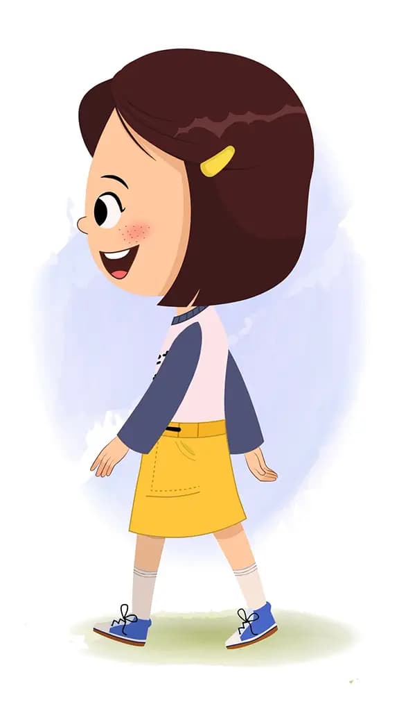 A cute little girl walking side view animated cartoon character aka misti