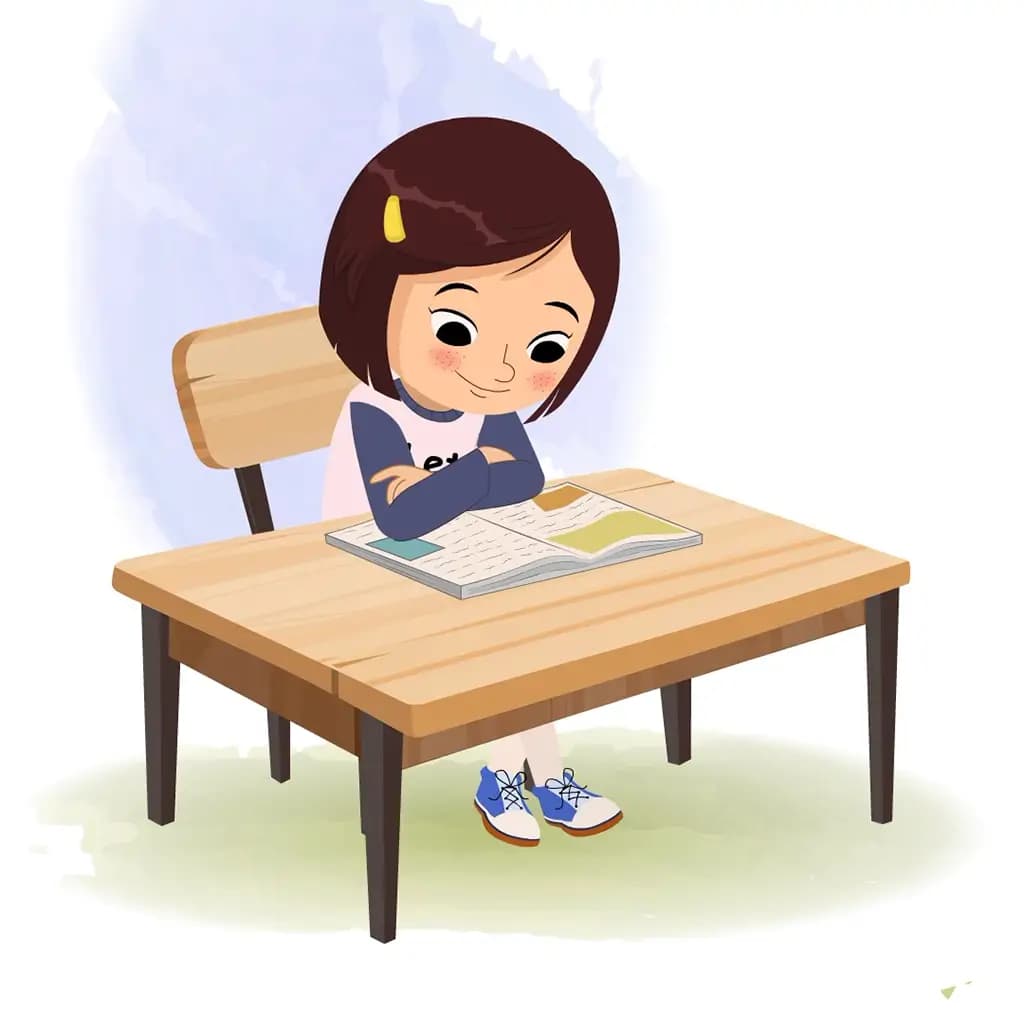 A cute little girl reading a book and sitting on the table animated cartoon character aka misti