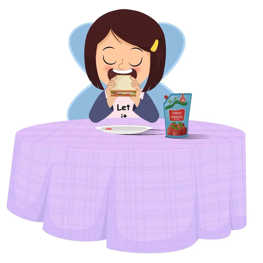 A cute little girl animated cartoon character sitting at a table and eating a sandwich aka misti
