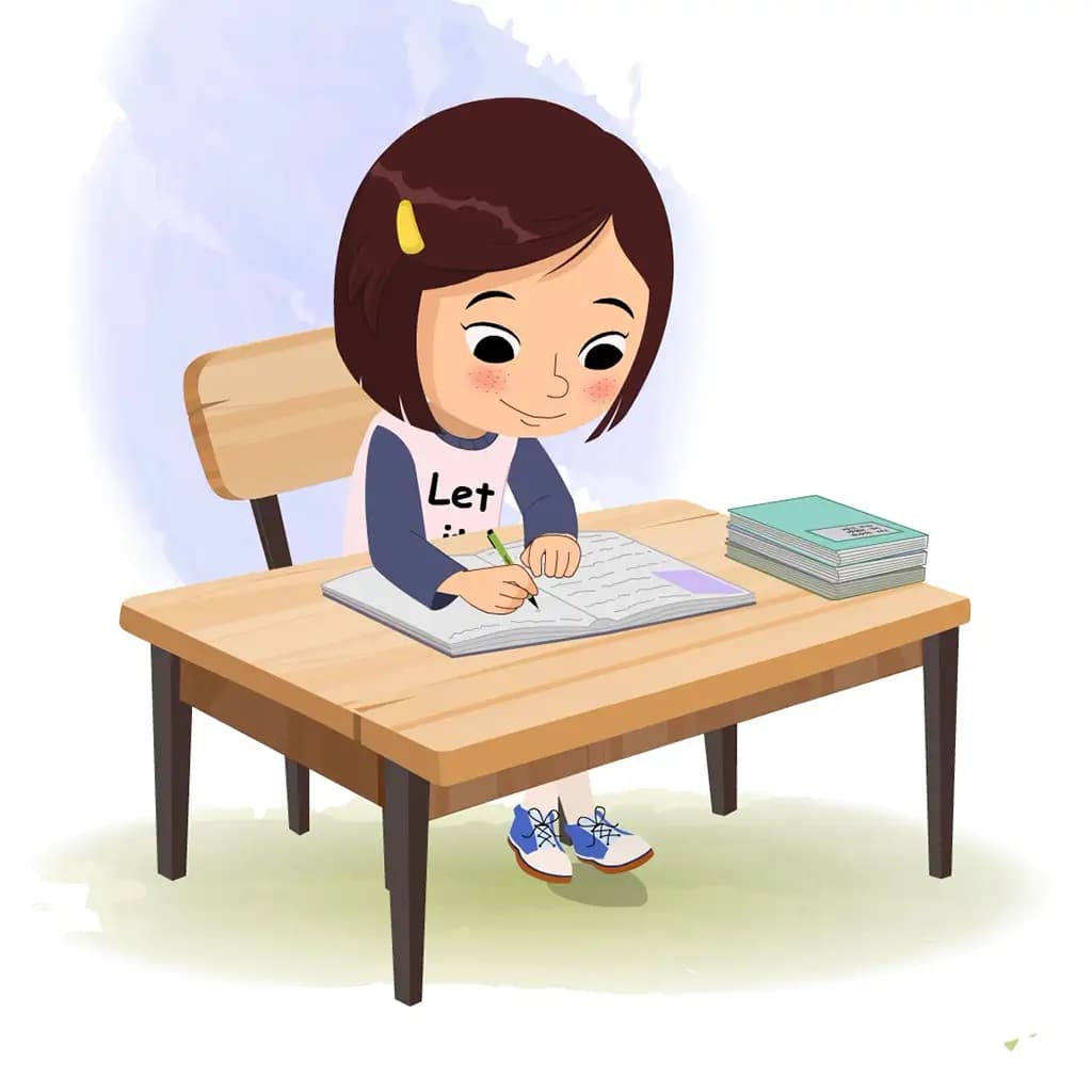 A cute little girl doing homework and sitting on the table animated cartoon character aka misti