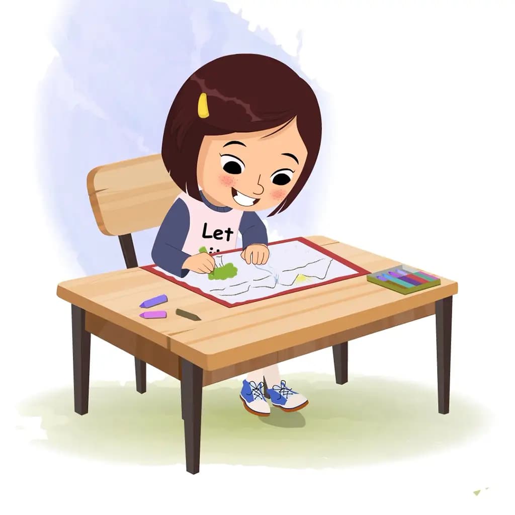 A cute little girl is sitting at a table with some crayons and coloring on the paper aka misti