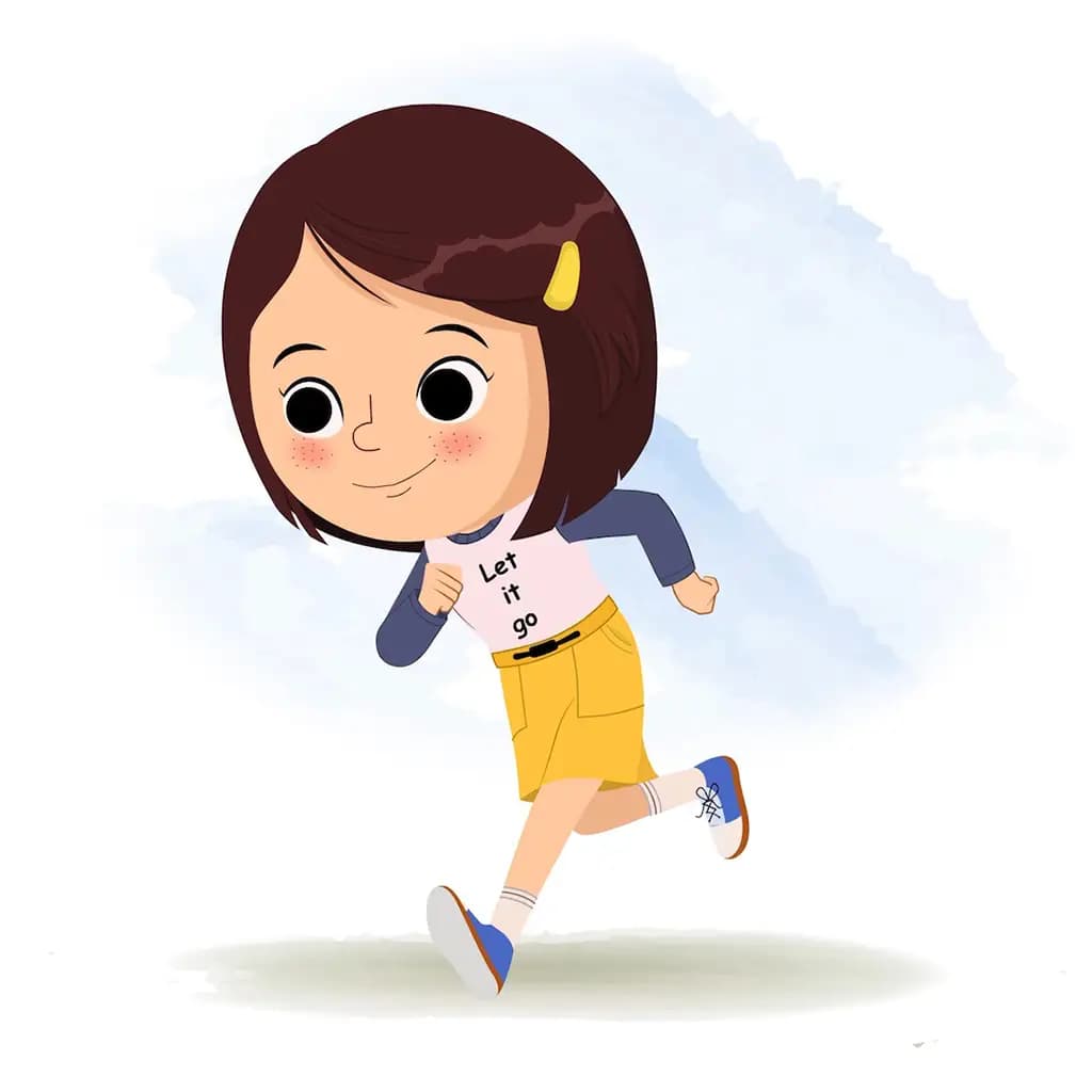 A cute little girl running three quarter view animated cartoon character. A short hair girl three quater view running cartoon aka misti 3/4