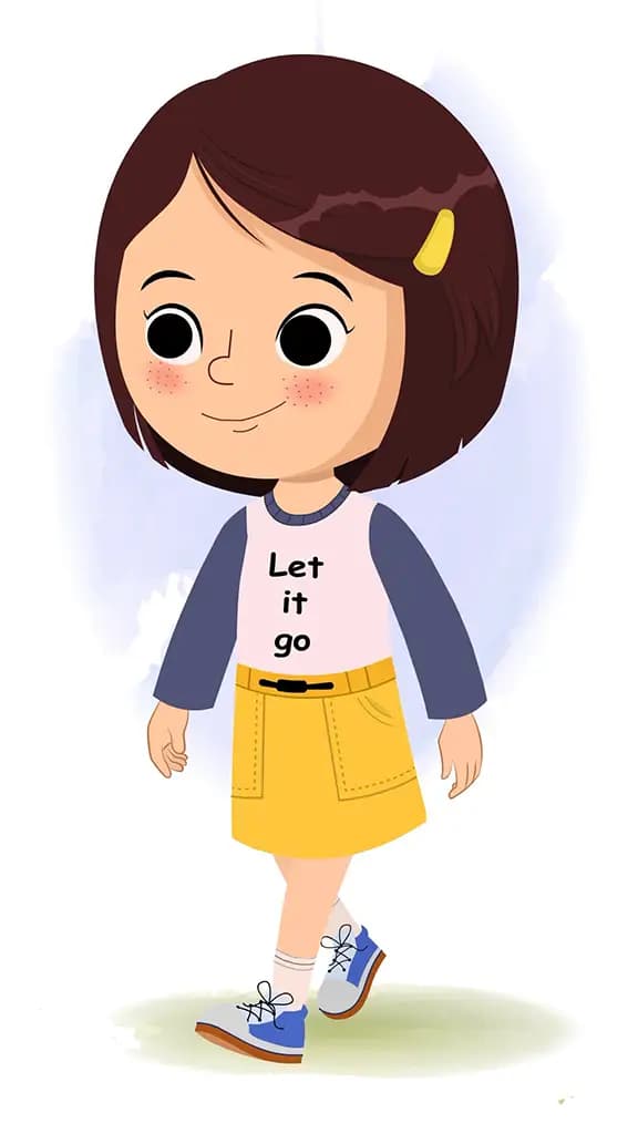 A cute little girl 3/4 front view/three quarter view walking animated cartoon character aka misti 3/4