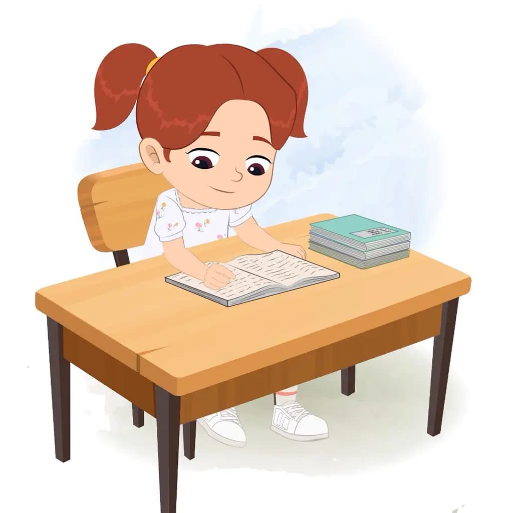 A cute girl reading a book and sitting on the table animated cartoon character aka kira
