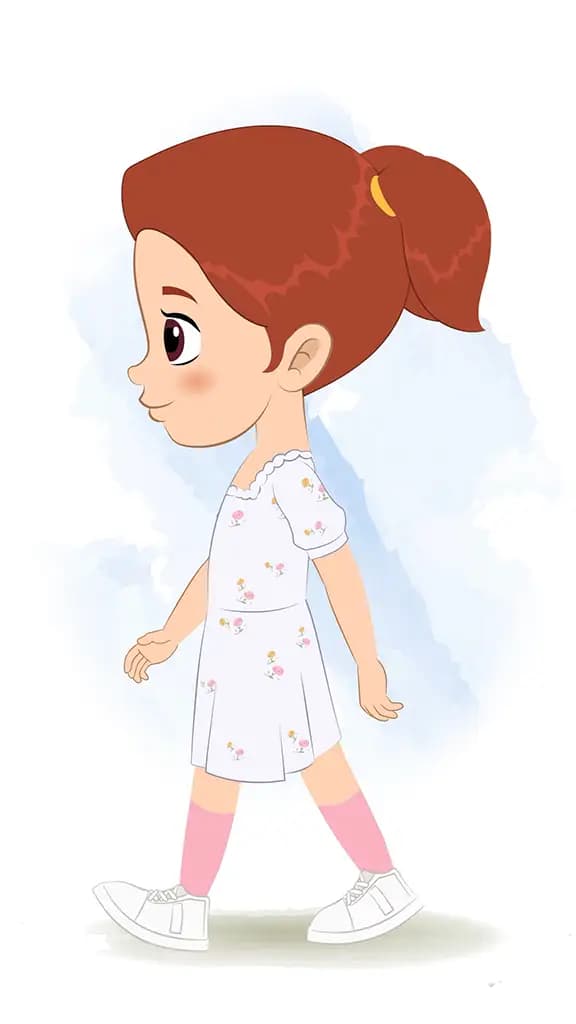 A cute girl walking side view animated cartoon character aka kira