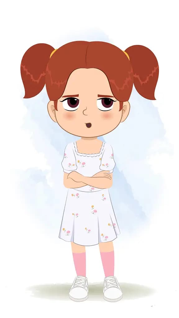 An annoyed cute girl animated cartoon character aka kira