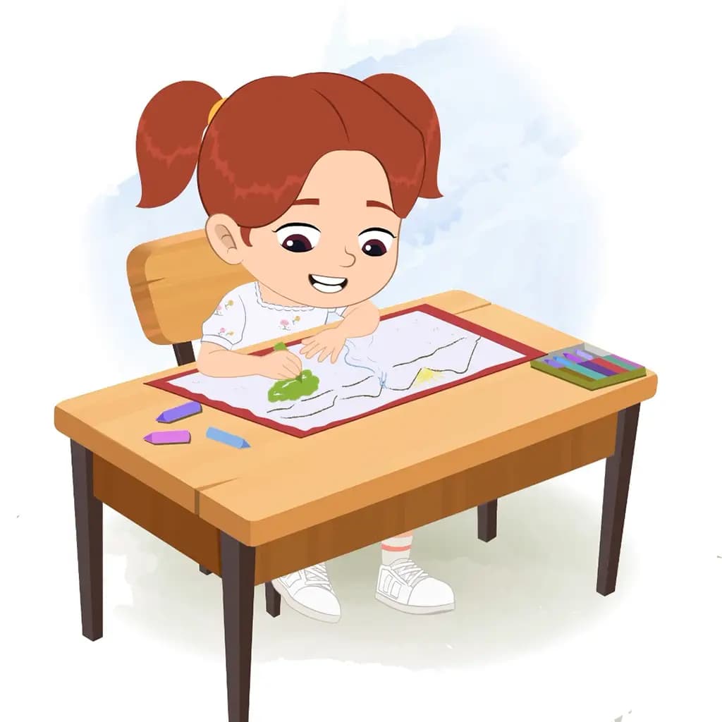 A cute girl is sitting at a table with some crayons and coloring on the paper aka kira