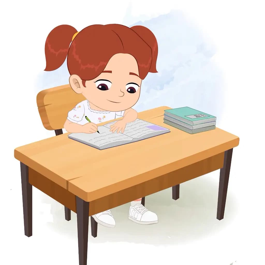 A cute girl doing homework and sitting on the table animated cartoon character aka kira