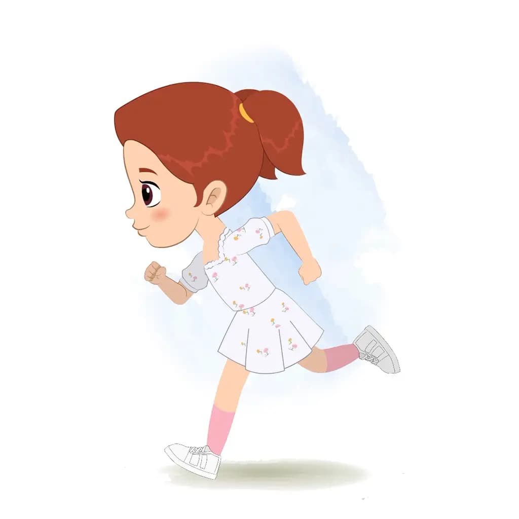 A cute girl running fast side view animated cartoon character aka kira